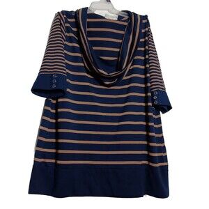 Womens Cato Top Striped 3/4 Sleeves Cowl Collar Navy Blue & Tan